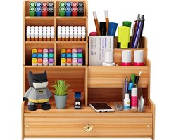 Houten bureauorganizer met lade en pennenhouder, multifunctionele bureau-organizer voor kantoor, thuis en school