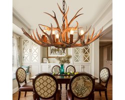 Houten Chandelier - 6 Arm Hout Kroonluchter - Herten Hoorn Stijl - 75 cm - Hanglamp - Woonkamerlamp - Moderne lamp