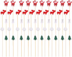 Houten Cocktailprikkers voor Kerstmis - 100 Stuks, Mini Decoraties voor Feestjes, Kerstboom en Reindeer Thema