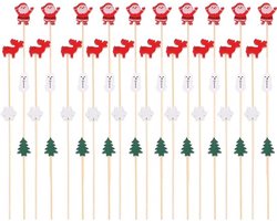 Houten Cocktailprikkers voor Kerstmis - 100 Stuks, Mini Decoraties voor Feestjes, Kerstboom en Reindeer Thema
