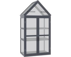Houten Cold Frame Mini Kweekkas – 3 Laags Mini Greenhouse met Dubbele Deuren – Polycarbonaat Tuinkas voor Planten – Natuurlijke Grijs
