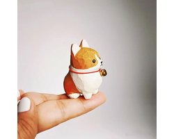 Houten Corgi Beeldje - Handgemaakt Hondje - Woondecoratie Huis - Handgesneden Detail - 36x28x20 mm - Houtkleur