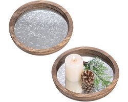 Houten dienblad decoratief dienblad hout: vintage decoratief dienblad ronde shabby spiegel serveerschaal set van 2 authentiek ronde kaarsen spiegel dienblad voor salontafel, boerderij, tafelopzetstuk, home organizer