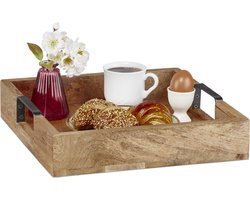 houten dienblad - rechthoekig - mangohout - 7,5 x 35 x 35 cm - met handgrepen - landelijk