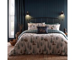Houten Dieren Dekbedovertrek - Kingsize Bedlinnen (230 x 220 cm) - Zacht Geprijst 100% Katoen - Omkeerbare Ontwerpen - Bossen Beddegoed - Groen Ruit/Flanellen Beddegoed