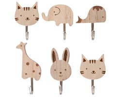 Houten Dieren muurhaken set van 6 stuks – zelfklevende haken zonder boren – Wandhaken met sterke plak – schattige dieren voor babykamer & kinderkamer decoratie - Wand kapstok