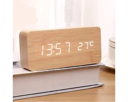 Houten digitale klok, multifunctionele LED-wekker met tijd-/datum-/temperatuurweergave en spraakbediening voor thuis, kantoor en reizen