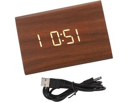 Houten Digitale Wekker - LED Klok - Tijd Weergeven - Geluidsgestuurde Modus - 120x80x70mm - Bruin met wit licht