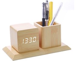 Houten Digitale Wekker met Potloodhouders en LED Tijdweergave - Geluidsgestuurd