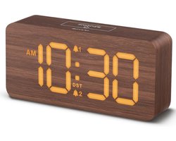 Houten Digitale Wekkers voor Slaapkamers: Dimmbare Dubbele Wekker met Grote Cijfers voor Bedtafel - Bruin