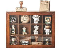 Houten Display Kast - Opbergkastje Cubbies - Verzamelingen Tonen - Met Transparante Deksel - 12 Vakken - Bruin