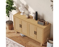Houten Dressoir Kast 140 cm met 4 Deuren – Grote Opbergkast / Sideboard – Natuurlijke Houtkleur