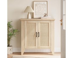 Houten Dressoir met Rotan Deuren - Compacte Buffetkast met Verstelbare Plank - Bohemien Opbergkast voor Woonkamer, Keuken en Hal - Naturel Eiken - 76 x 40 x 80 cm