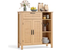 Houten Dressoir met Rotan Gevlochten Deuren en Lades Buffetkast Keukenkast Keukenbuffet