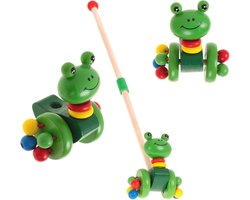 Houten Duwstok - Stokrammelaar - Stokroller - Duwflap - Stimuleer Balans en Mobiliteit - Kikker