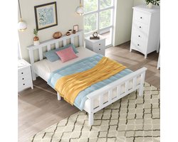 Houten eenpersoonsbed – bedframe met strepen Houten bed met hoofdeinde – 90 x 200 cm Massief houten kinderbed – tienerbed – wit bed van massief grenenhout