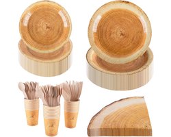 Houten Effect Feestservies voor 30 Gasten - 23 cm en 18 cm Papieren Borden, Bekers, Servetten en Houten Bestek - Perfect voor Bruiloft, Verjaardag, Picknick en Kerstfeest