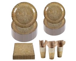 Houten Effect Servies Set voor 30 Gasten - 23 cm en 18 cm Papieren Borden, Bekers, Servetten en Houten Bestek - Perfect voor Rustic Forest Thema, Bruiloft, Picknick, Verjaardag, Kerstfeest
