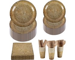 Houten Effect Servies Set voor 30 Gasten - 23 cm en 18 cm Papieren Borden, Bekers, Servetten en Houten Bestek - Perfect voor Rustic Forest Thema, Bruiloft, Picknick, Verjaardag, Kerstfeest