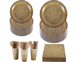 Houten Effect Servies Set voor 30 Gasten - Papieren Borden, Bekers, Servetten en Houten Bestek voor Bruiloft, Verjaardag en Picknick Feesten