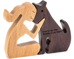 Houten figuren, familie puppy houtsnijwerk ornamenten, kattendecoratie, natuurlijk massief hout, schattige puppy, paard, kitten en mensen standbeeld sculptuur, met de hand gesneden woondecoratie (meisjes en hond)