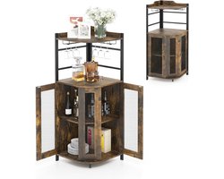 Houten Flessenhouder met Glazen Houder en Verstelbare Plank - Industriële Barkast voor Thuis