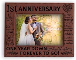 Houten foto lijst voor eerste huwelijksjaar, gegraveerd leren fotolijst voor tafel of wand, perfect als cadeau voor echtgenoten - Geschikt voor 5x7 inch foto