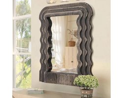 Houten frame hangende spiegel onregelmatige golvende make-up spiegels voor muur unieke vorm moderne decoratieve artistieke voor ijdelheid entree slaapkamer woonkamer badkamer boerderij rustiek zwart