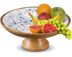 Houten Fruitschaal - Blauwe Marmer Fruithouder - 30-5 Cm Grote Opbergmand - Mangohouten Broodmand - Decoratieve Schaal Voor Aanrecht Of Tafel