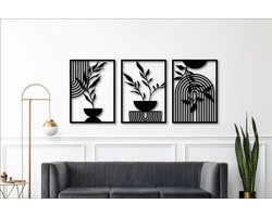 Houten Geometrische Muurdecoratie met Planten Design – 3-Luik Wanddecoratie MDF – Moderne Zwarte Wanddecoratie voor Woonkamer, Slaapkamer of Hal