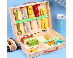 Houten Gereedschapskist Speelgoed 34 Delig - Educatief Houten Speelgoed - Veilig Gereedschap Voor Peuter & Kleuter 3+ Jaar - Montessori - Veilig & Duurzaam - Rollenspel Cadeau - Knutselen Kinderen - Klusset met Hamer, Zaag & Moersleutels