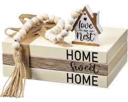 Houten gestapelde boeken set voor decoratie - Rustieke boeken met kralen slinger voor salontafel en woning