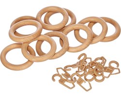 Houten Gordijnringen voor Gordijnroedes - 10 Stuks, Ø28 mm, Inclusief Haakjes