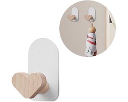 Houten haken - Set van 2 kledinghaken zonder gaatjes - Houten kapstokhaken - Origineel hout met wit - Liefdesvorm - Wandkapstok - Multifunctionele haken - Wandhaken - Zelfklevende haken - Tassenhaken - Kapstokhaken