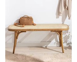Houten Halbankje met Naturel Rotan Zitting - 115.5 cm - Japandi Stijl - Vintage Bankje voor Slaapkamer of Gang - Naturel/Hout