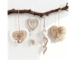 Houten Hangende Hartvormige Decoraties voor Raam en Bruiloft - 4 Stuks voor Sfeervolle Interieurdecoratie en Feestversiering