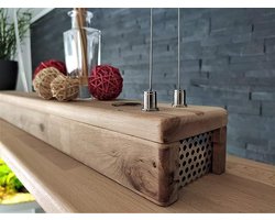 Houten Hanglamp 120 cm – Massief Eiken LED Hanglamp met 5 Draaibare GU10 Spots – Dimbaar via Wanddimmer – Rustieke Landelijke Eettafelverlichting – Vintage Plafondlamp voor Eetkamer, Keuken & Woonkamer – Bruin