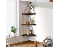 Houten hoekrek 3 etages hangend met touw - rustieke wandplank voor planten en fotolijsten corner shelf wall