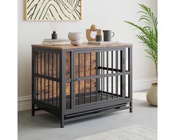 Houten hondenbench meubel - 83x51x64 cm - sterke metalen constructie - 2 deuren - uitschuifbare lade - bijzettafel design - kauwbestendig
