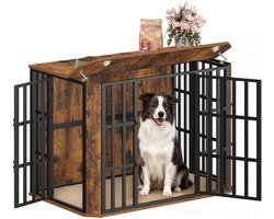 Houten Hondenbench Meubel met Deuren en Voederopening – 108 x 66 x 77 cm – Indoor Hondenkooi met Zijtafel – Vintage Bruin – Voor Middelgrote en Grote Honden
