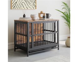 Houten Hondenkooi Meubel 83 cm - Grote Binnenkennel Voor Middelgrote En Grote Honden - Stevige Hondenkooi Met 2 Deuren En Uittrekbare Lade - Bijzettafel En Kauwbestendig - Bruin