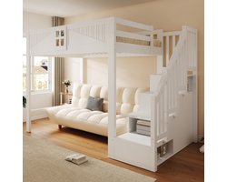 Houten Hoogslaper 140x200 cm - Met Ladder - Met Valbeveiliging - Met Opbergruimte - Wit