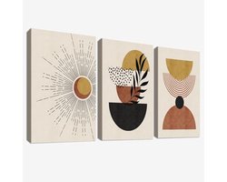 Houten Ingelijste Wandkunst Set van 3 - Boho, Abstracte Bladeren en Zon - Minimalistisch Scandinavisch Design voor Woonkamer en Slaapkamer Decoratie 90 x 40 cm