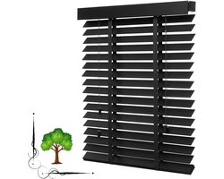 Houten Jaloezieën - Raambekleding Gordijnen - Privacy Zonwering - Natuurlijk Massief Hout - 90x100cm - Zwart