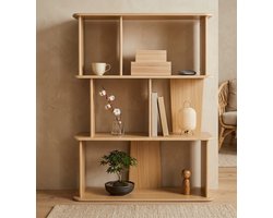 Houten Japandi Vakkenkast - Asymmetrische Boekenkast - Vrijstaand Scandinavisch Vloerrek - Open Stellingkast