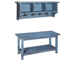 Houten Jas Haak en Bank Set - Antiek Blauw