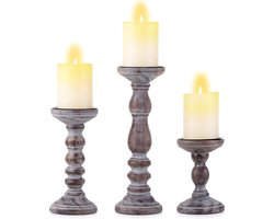 Houten kandelaars pilaar - Set van 3 houten kandelaars rustieke kaarsenhouder set verweerde bruine pilaarhouders theelichthouders voor bruiloft tafel centerpieces boerderij woondecoratie