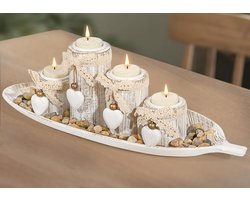 Houten kandelaars set - Theelicht houders - Sfeerverlichting creëren - Met dienblad en stenen - 4-delig - Wit