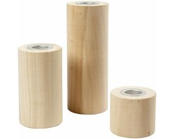 Houten Kandelaars - Set van 3 - 14,5 cm, 9 cm & 6,5 cm Hoog - Metalen Houder - Natuurlijke Look - Perfect voor Kaarsen & DIY Decoratie