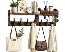 Houten kapstok 4-in-1 - Wandgarderobe met 11 haken - Sleutelplank en plank - Opgeruimd halmeubel - ShopVlot